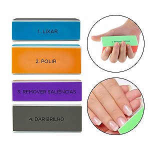 Kit 4 Lixa Bloco 4 Faces Colorida Polimento Brilho Modelar Lixar Alongamento Unhas Decoradas