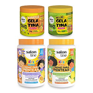 Kit 2 Cremes de Pentear com Filtro Solar + 2 Gelatinas Antifrizz Definição Hidratação Cachos Kids Melão e Maracujá Salon Line