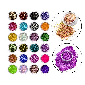 Kit 24 Glitters Flocado Colorido Decoração Unha Gel Design Nail Art Manicure Alongamento Encapsulamento Enfeites Multicolor