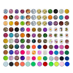 Kit 120 Glitter Flocado Fino Holográfico Caviar Folha Ouro Borboletas Flores Secas Pó Acrílico Colorido Decoração Unha Manicure