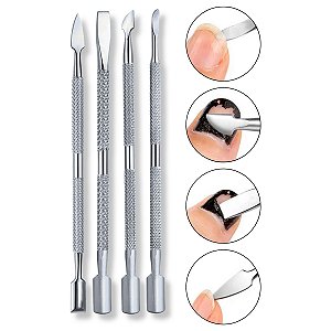 Kit 4 Espátulas Ponta Dupla Aço Inox Prateado Remoção Cutícula Podóloga Unhas Encravadas Manicure Nail Design