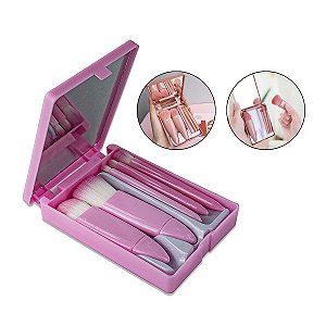 Kit 5 Pincel Maquiagem Base Sombra Corretivo Blush Batom Estojo Plástico Resistente Bolsa Espelho Cerdas Macias