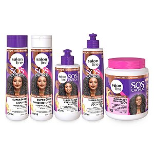 Kit Completo Shampoo 300ml + Condicionador 300ml + Creme de Pentear 300ml + Ativador de Cachos 300ml + Máscara 2 em 1 Hidratação 1Kg Sos Super Óleos Brilho Absoluto Salon Line