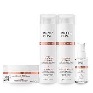 Kit Damage Repair Shampoo Limpeza Suave 240ml + Condicionador Revitalizante 240ml + Máscara Hidratação Tratamento 80g + Sérum Finalizador Antifrizz Brilho Prolongado 30ml, Jacques Janine
