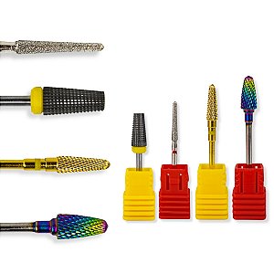 Kit 4 Brocas Tungstênio Umbrella XF, Bullet F-Colorful, Umbrella XF-Medium, Flame F-720 Lixadeira Motor Polidor Manicure Alongamento Unhas de Gel Fibra Manutenção