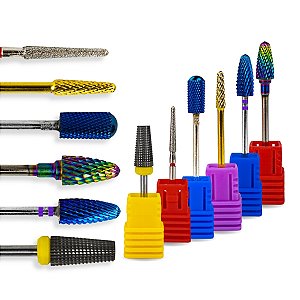 Kit 6 Brocas Umbrella XF + Bullet F-Colorful + Umbrella M-Gold + Flame F-720 + Smooth Top M-Blue + Flame P Alongamento Unhas Gel Fibra Acabamento Manutenção Lixadeira Motor