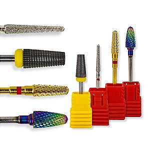 Kit 4 Brocas Tungstênio Umbrella XF TRL-Bit + Bullet F-Colorful + Umbrella F-Gold Medium + Flame F-720 Manutenção Unhas Gel Fibra Lixadeira Manicure