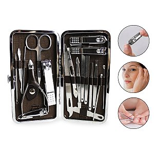 Kit 19 Instrumentos Inox Manicure Pedicure Lixa Cortador Alicate Palito Desencravador Unhas Pinça Palito Tesoura Sobrancelha Espátula Cureta Espinha Estojo com Trava