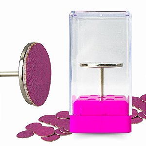 Kit Broca Disco Lisa + 15 Refil Lixa Gramaturas 80/120/180 + Suporte Acrílico Transparente e Rosa Acabamento Polimento Unhas Gel