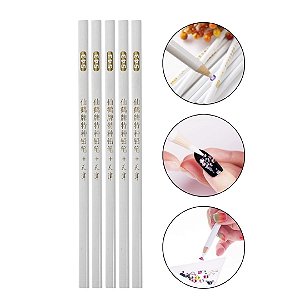 Kit 5 Lápis de Cera Pega Strass Meia Pérola Pedrarias Decoração Nail Art Manicure Unhas Criativas Branco