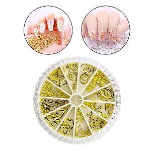 Disco Decoração de Unhas Nail Art Pedrarias Personalizadas 12 Formatos Diversas Dourado