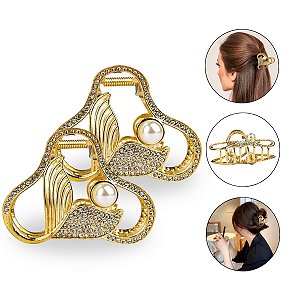 Kit 2 Presilha Dourada Aço Inoxidável Calda de Sereia Strass Pérola Cabelo Penteado Acessório Resistente