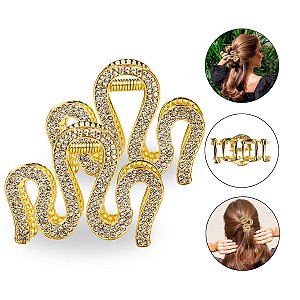 Kit 2 Presilhas Metal Vintage Ondulada Strass Dourado Cabelo Penteado Cravejada Strass Acessório Aço Resistente