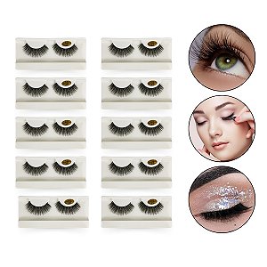 Kit 10 Pares Cílios Postiços Efeito 5D Curvados Longo Volumoso 14mm Natural Maquiagem Profissional Alongamento