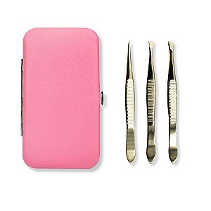 Kit Estojo de Pinças Utensílios Com Trava Rosa + 3 Pinças Aço Inox Sobrancelha Dourado Reta Chanfrada Fina Profissional