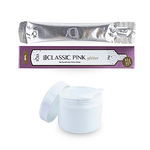 Sachê Gel Construtor Classic Pink Glitter 14g Vòlia + Pote com Tampa Vedação Reutilizável 30g