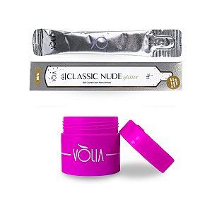 Sachê Refil Gel Construtor Classic Nude Glitter 14g Vòlia + Pote Eco Multicolor Reutilizável com Tampa 30g