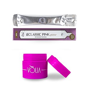 Sachê Refil Gel Construtor Classic Pink Glitter 14g Vòlia + Pote Eco Multicolor Reutilizável com Tampa 30g