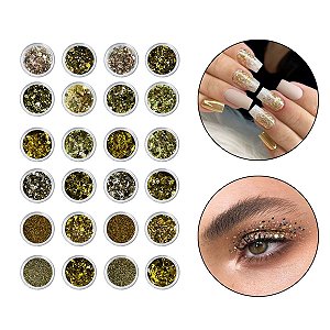Kit 24 Glitter Decoração Unha Gel Nail Art Maquiagem Dourado