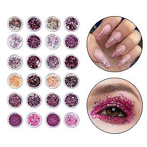 Kit 24 Glitter Decoração Unha Gel Nail Art Maquiagem Rosa