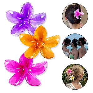 Kit 3 Presilha Grande Flor do Havaí Cabelos Prendedor Praia