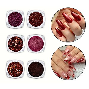 Kit 6 Glitter Pó Cromado Metalizado Unhas de Gel Vermelho