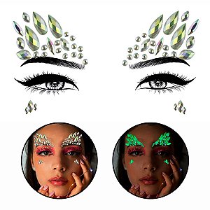 Kit 3 Adesivos Faciais Fluorescentes Carnaval Pedraria Strass