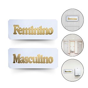 Kit 2 Placa Sinalização Masculino Feminino Branco Dourado