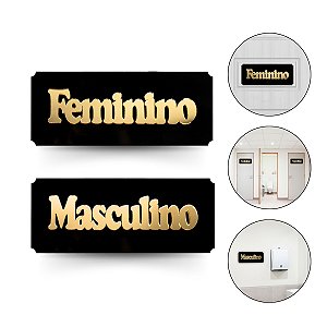 Kit 2 Placa Sinalização Masculino Feminino Preto Dourado
