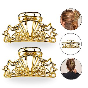 Kit 2 Presilha Prendedor Cabelo Concha Estrela Dourada Metal