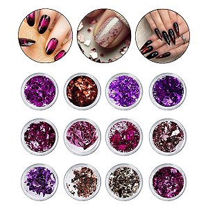 Kit 12 Folhas de Ouro Rosa Roxo Vermelho Unhas Encapsulada