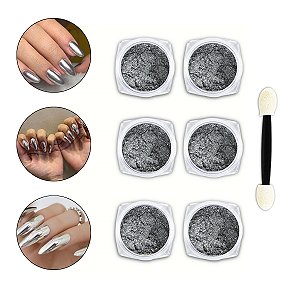 Kit 6 Pó Cromado Metalizado Prata Unhas de Gel + Pincéis