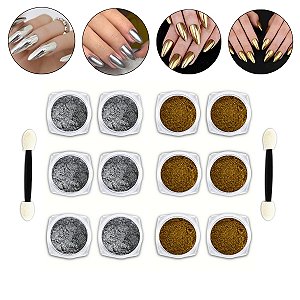 Kit 12 Pó Cromado Metalizado Unhas Prata + Dourado + Pincéis