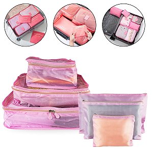 Kit de Viagem 6 Peças Organizadores de Mala Necessaire Rosa