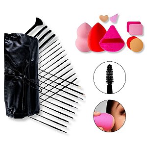 Kit Estojo 24 Pincéis + 9 Esponjas Rosto Maquiagem Makeup