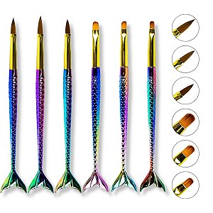 Kit 6 Pincéis Sereia Língua Gato Aquarela Alongamento Unhas