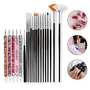 Kit 15 Pincéis + 5 Boleadores Duas Pontas Decoração de Unhas