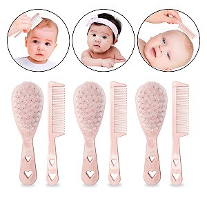 Kit 3 Pentes + 3 Escovas de Cerdas Macias Rosa Bebê Infantil