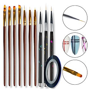 Kit 7 Pincel Unhas de Gel + 3 Pincéis Ultra Fino + Brinde