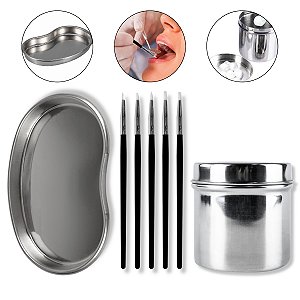 Kit 5 Pincéis Silicone +Cuba Rim+ Frasco 8cm Aço Inox Odonto