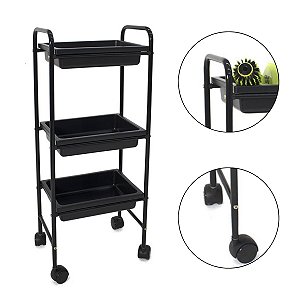 Carrinho Móvel Multiuso Auxiliar Grande Com 3 Bandejas Preto