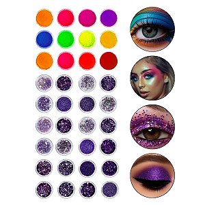 Kit 24 Glitter Roxo + 12 Sombra Maquiagem Artística Colorida