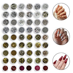 Kit 54 Glitter Pó Cromo Decorar Unhas Dourado Prata Vermelho