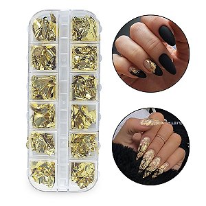 Kit 12 Folha de Ouro Encapsulamento Decoração Unhas Dourado