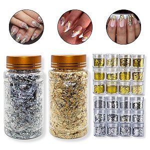 Kit 24 Glitters Flocado + 2 Potes Grandes Folha Ouro Prata