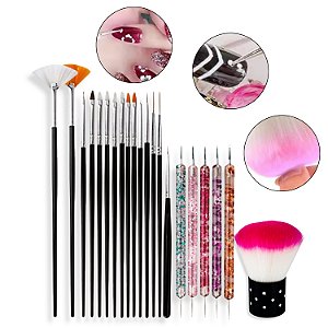 Kit 15 Pincéis Decoração Unhas + 1 Espanador + 5 Boleadores
