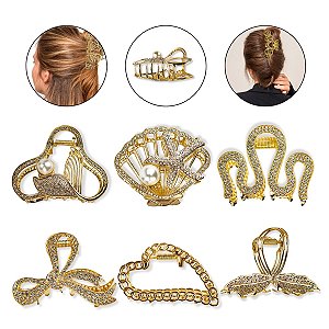 Kit Mix 6 Presilhas Metal Dourado Penteado Cabelo Semi Preso