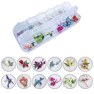 Caixa 12 Mini Flores Secas e Galhos Decoração Unhas de Gel