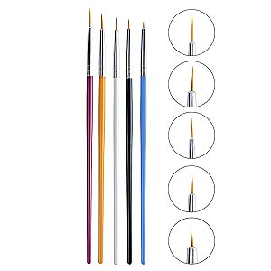 Kit 5 Pincéis Coloridos Ponta Fina Nail Art Make Delineado