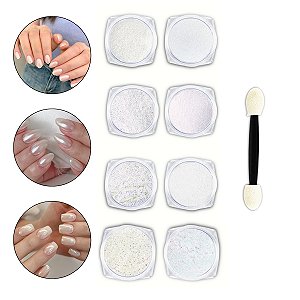 Kit 8 Pó Aurora Branco Furta Cor Unhas Nail Art + Pincéis
